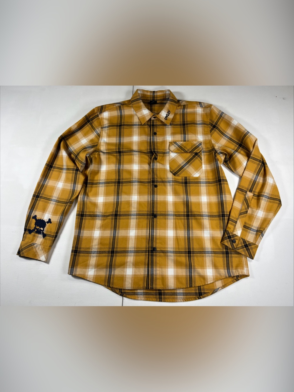 Oakley Flannel Shirt Long Sleeve Snaps Yellow Black Skull Performance Men’s L